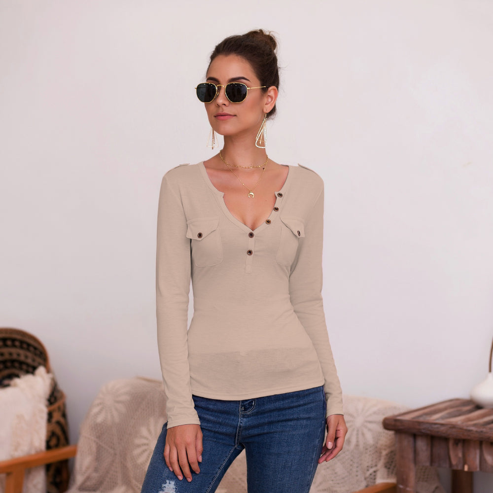 Damen Langarmshirt mit Knopfleiste und Brusttaschen Heidi-Mode