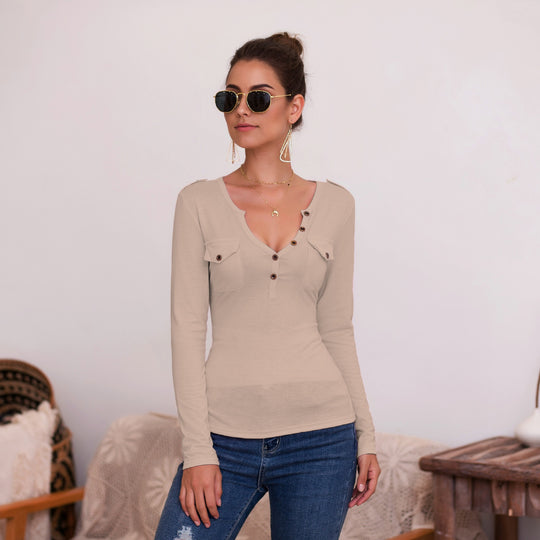 Damen Langarmshirt mit Knopfleiste und Brusttaschen Heidi-Mode