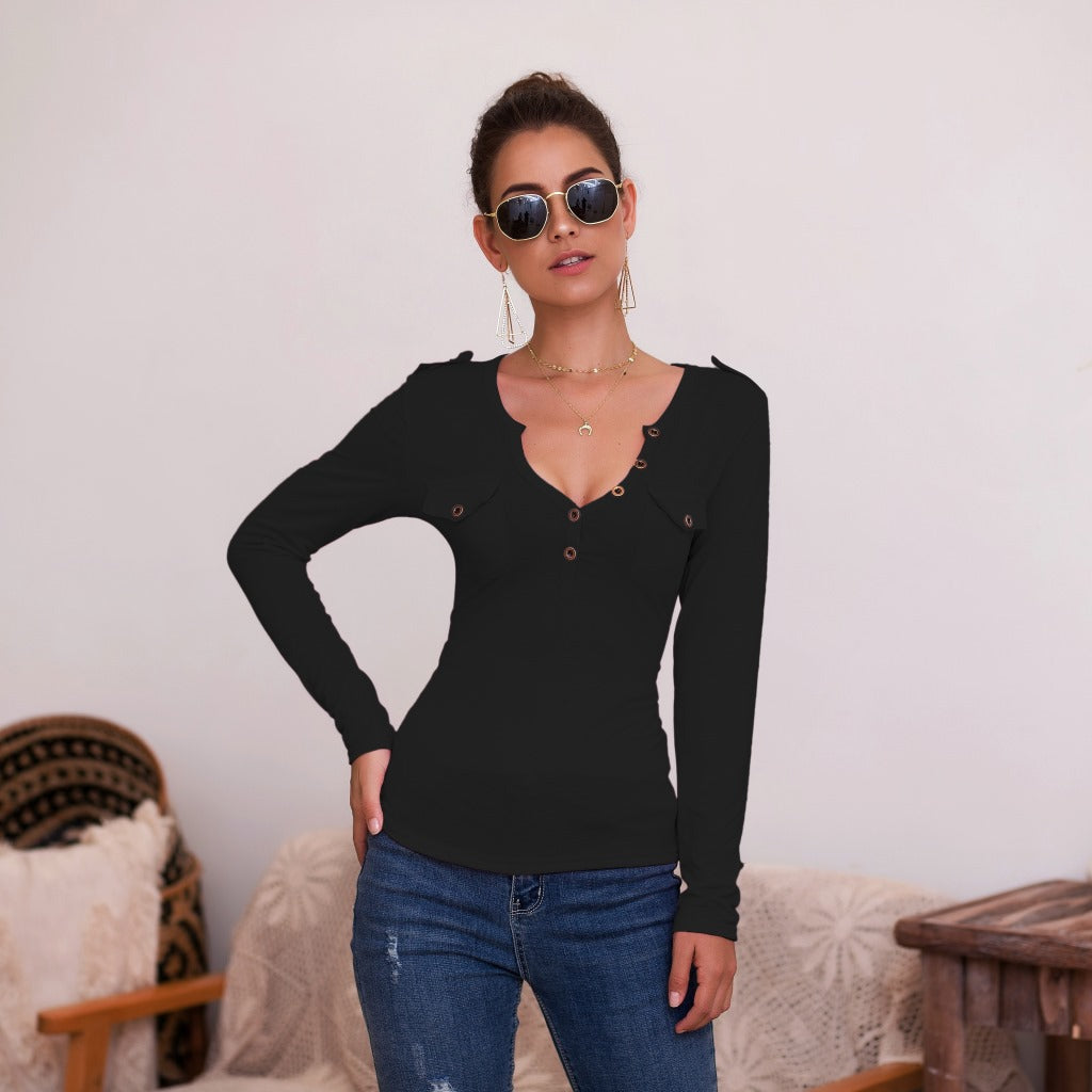 Damen Langarmshirt mit Knopfleiste und Brusttaschen Heidi-Mode