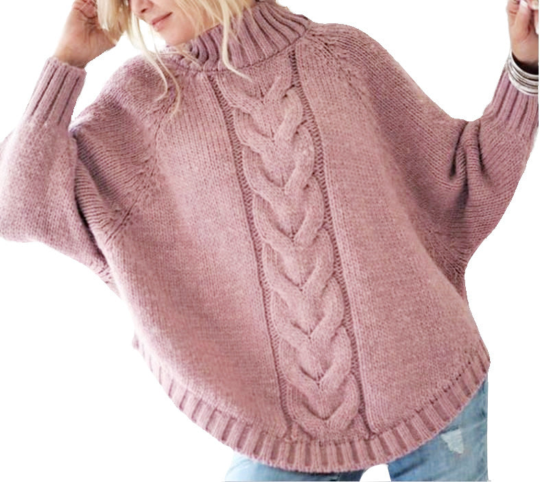Damen Grobstrick Pullover mit hohem Kragen und dekorativem Zopfmuster Heidi-Mode