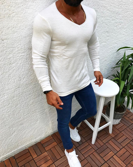 Herren figurbetontes Longsleeve aus Baumwolle mit V-Ausschnitt Heidi-Mode