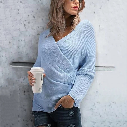 Damen lässiger Wickelpullover mit V-Ausschnitt und strukturierter Maschenoptik Heidi-Mode