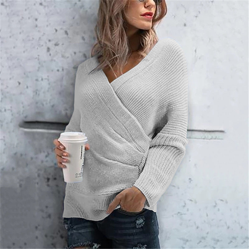 Damen lässiger Wickelpullover mit V-Ausschnitt und strukturierter Maschenoptik Heidi-Mode