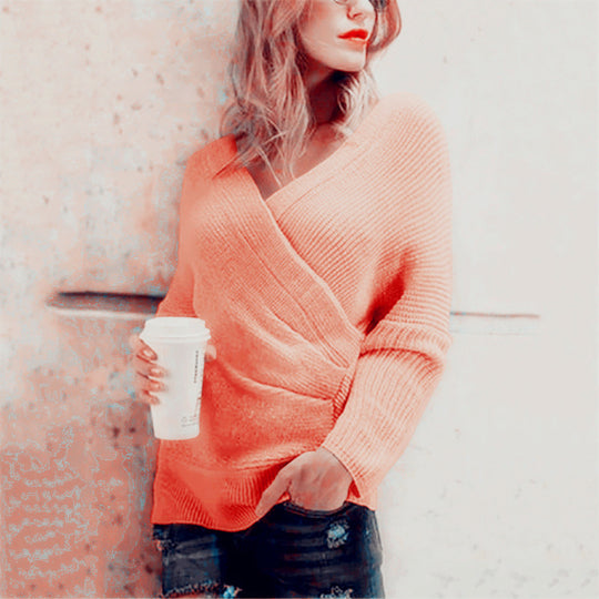 Damen lässiger Wickelpullover mit V-Ausschnitt und strukturierter Maschenoptik Heidi-Mode