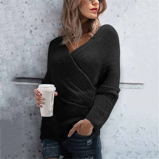 Damen lässiger Wickelpullover mit V-Ausschnitt und strukturierter Maschenoptik Heidi-Mode