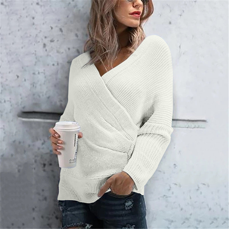 Damen lässiger Wickelpullover mit V-Ausschnitt und strukturierter Maschenoptik Heidi-Mode