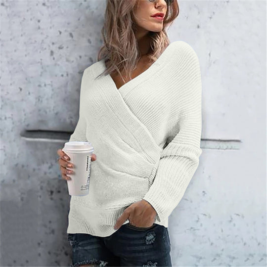 Damen lässiger Wickelpullover mit V-Ausschnitt und strukturierter Maschenoptik Heidi-Mode
