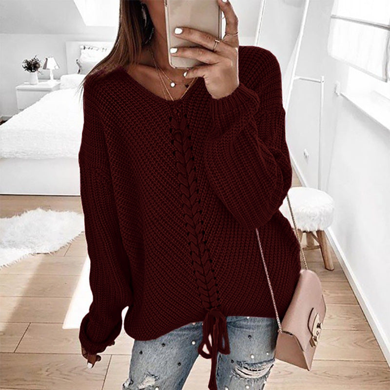 Damen lässiger Strickpullover mit modischem Schnürdetail Heidi-Mode