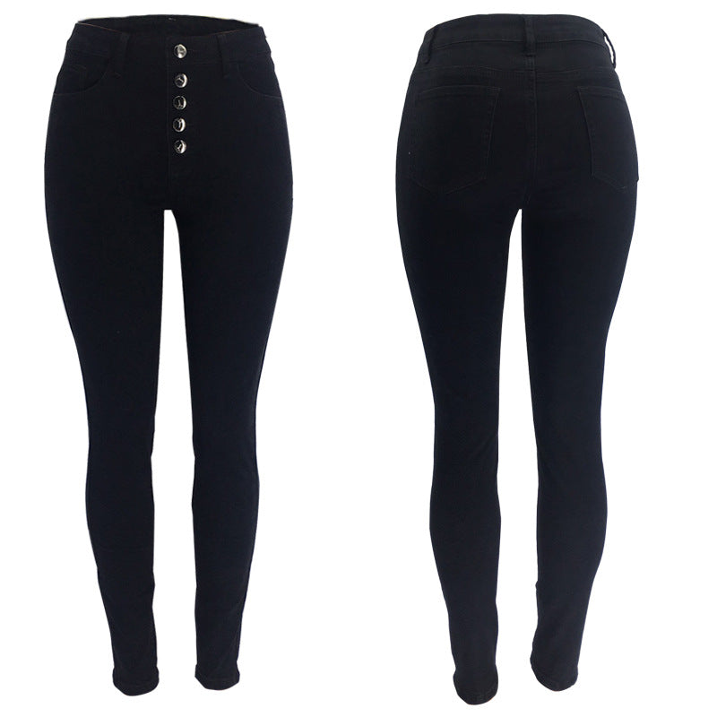 Damen Hochtaillierte Skinny Jeans mit Knopfdetail und elastischem Bund Heidi-Mode