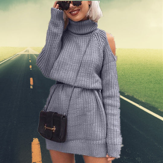 Damen Strickkleid mit Rollkragen und schulterfreiem Design Heidi-Mode