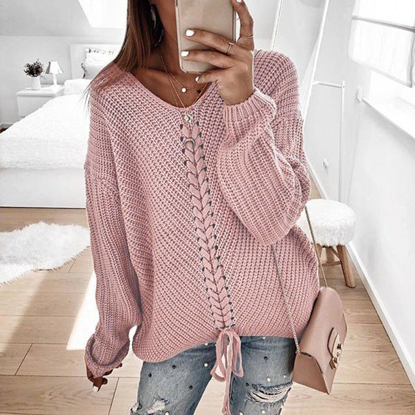 Damen lässiger Strickpullover mit modischem Schnürdetail Heidi-Mode
