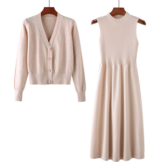 Damen Elegantes Strickkleid- und Cardigan-Set mit V-Ausschnitt und Rippstruktur Heidi-Mode