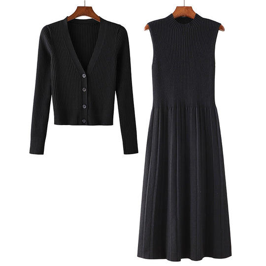 Damen Elegantes Strickkleid- und Cardigan-Set mit V-Ausschnitt und Rippstruktur Heidi-Mode