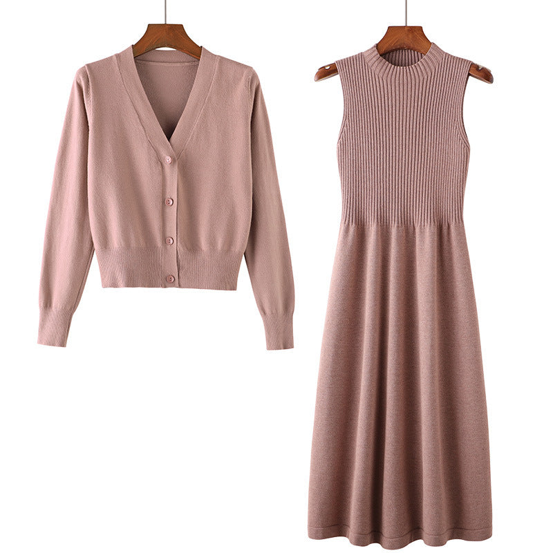 Damen Elegantes Strickkleid- und Cardigan-Set mit V-Ausschnitt und Rippstruktur Heidi-Mode