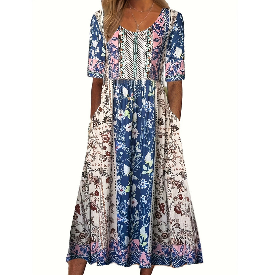 Heidi Mode | Rundhalsausschnitt Kurzarm Bohemian Print Kleid Frauen