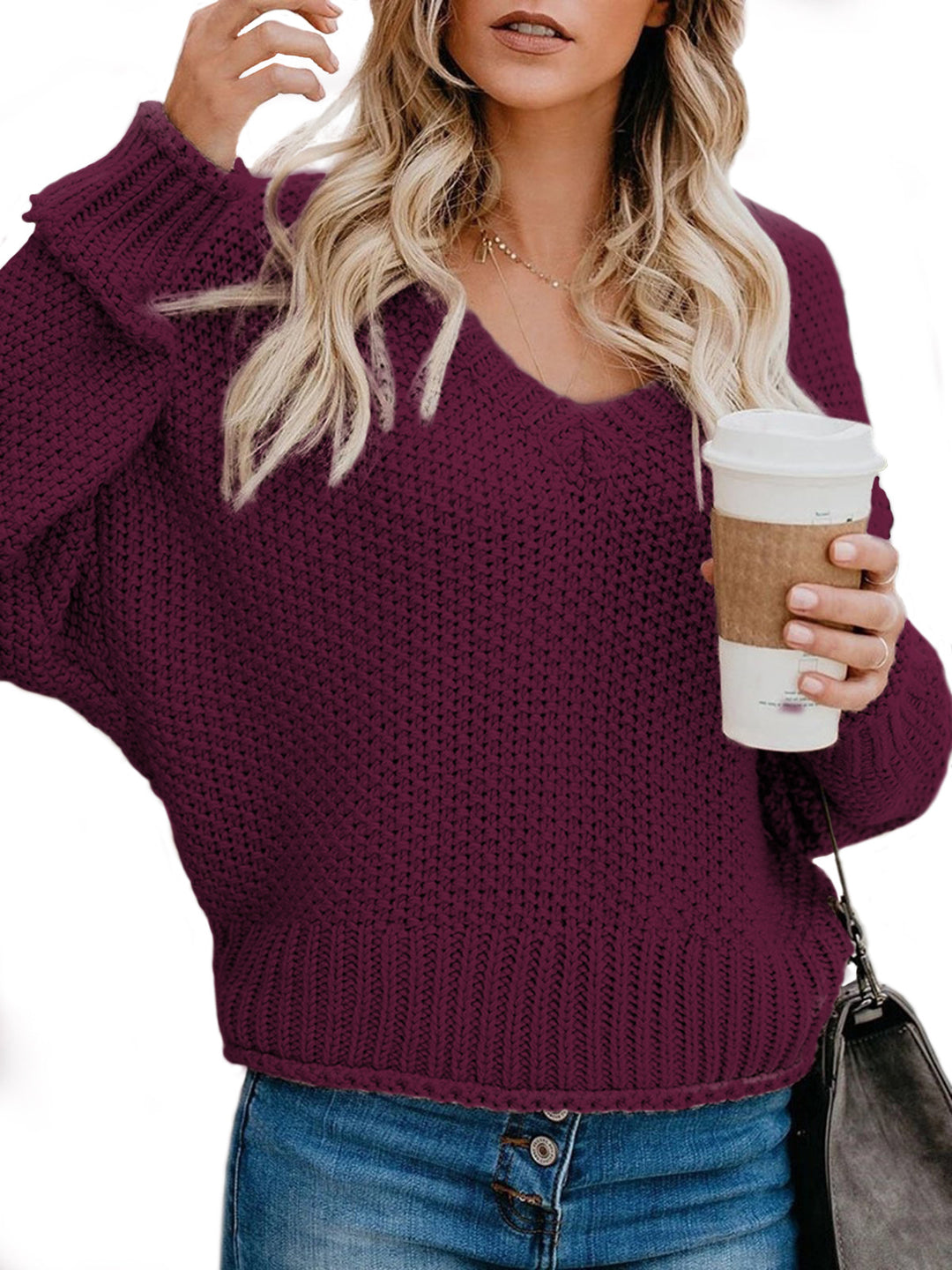Damen lässiger Strickpullover mit V-Ausschnitt und weitem Schnitt Heidi-Mode
