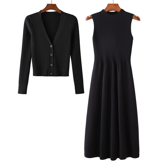 Damen Elegantes Strickkleid- und Cardigan-Set mit V-Ausschnitt und Rippstruktur Heidi-Mode