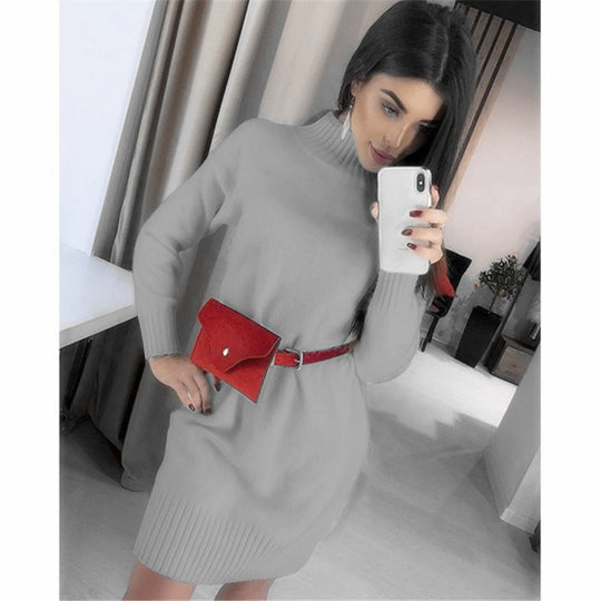 Damen Strickkleid mit hohem Kragen und Rippstruktur Heidi-Mode