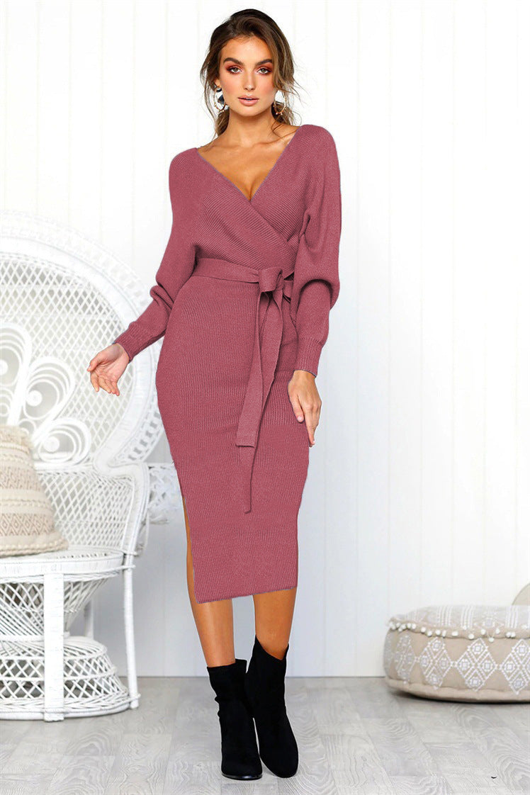 Damen Elegantes Wickelkleid mit einem Taillengürtel aus Strick Heidi-Mode