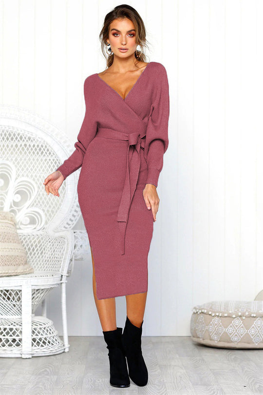 Damen Elegantes Wickelkleid mit einem Taillengürtel aus Strick Heidi-Mode