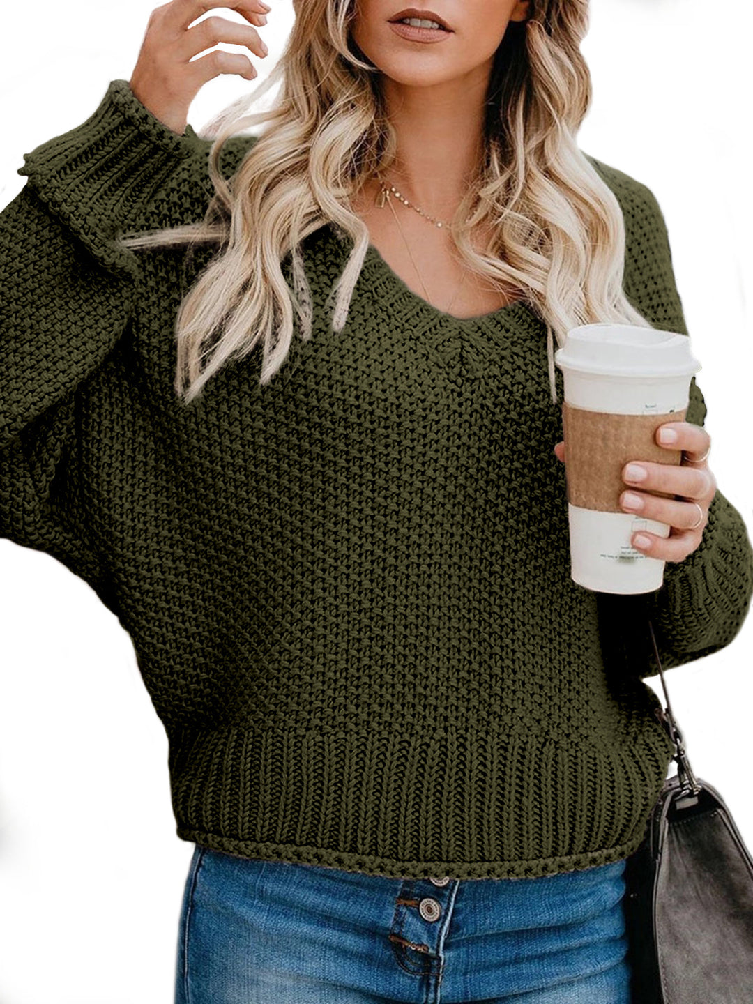 Damen lässiger Strickpullover mit V-Ausschnitt und weitem Schnitt Heidi-Mode
