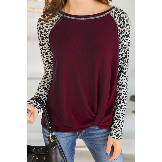 Damen Oberteil mit modischem Leopardenärmeln und lässigem Knoten-Design Heidi-Mode