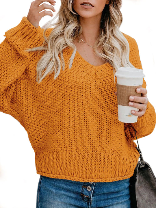 Damen lässiger Strickpullover mit V-Ausschnitt und weitem Schnitt Heidi-Mode