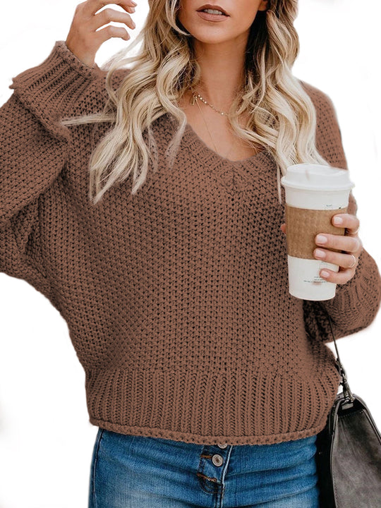 Damen lässiger Strickpullover mit V-Ausschnitt und weitem Schnitt Heidi-Mode