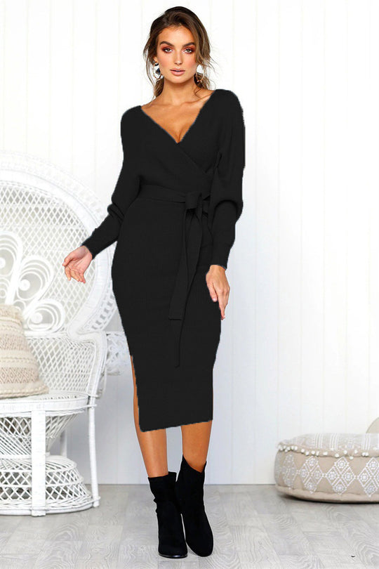 Damen Elegantes Wickelkleid mit einem Taillengürtel aus Strick Heidi-Mode