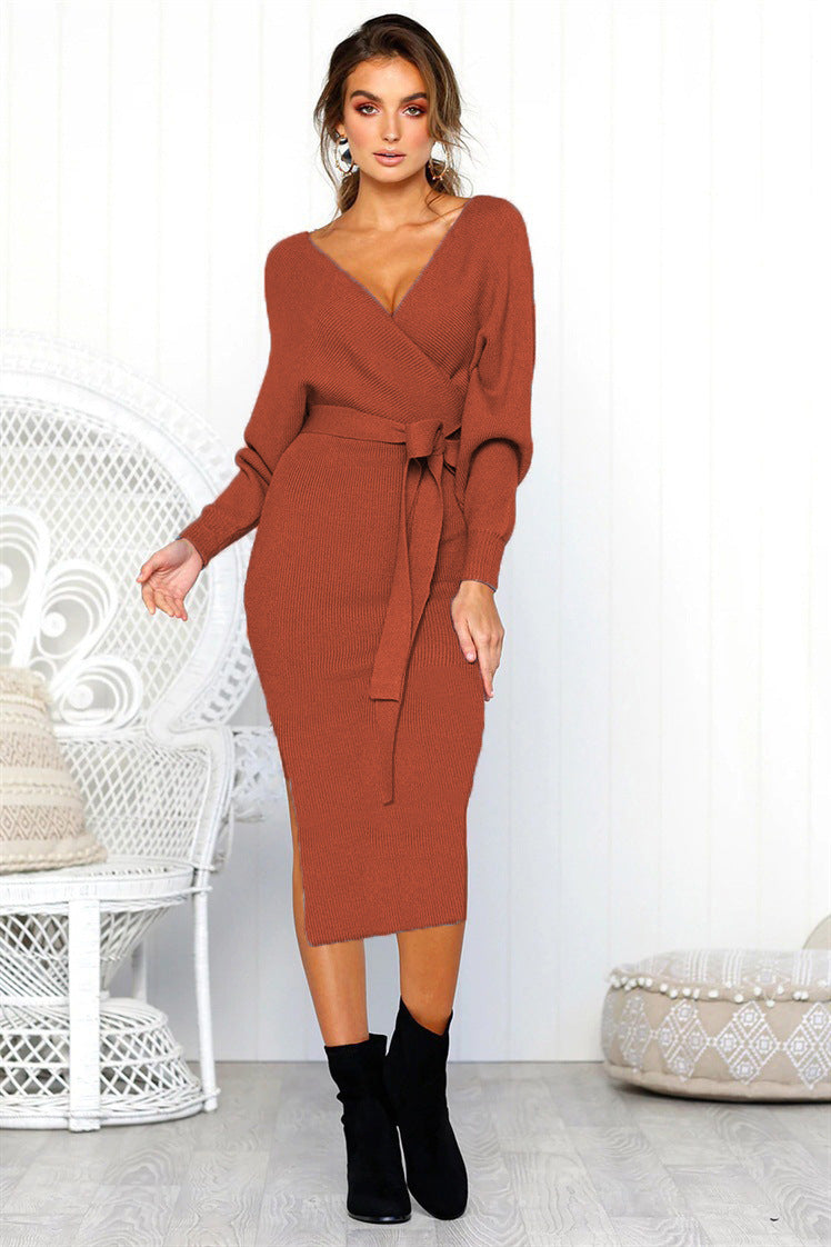 Damen Elegantes Wickelkleid mit einem Taillengürtel aus Strick Heidi-Mode