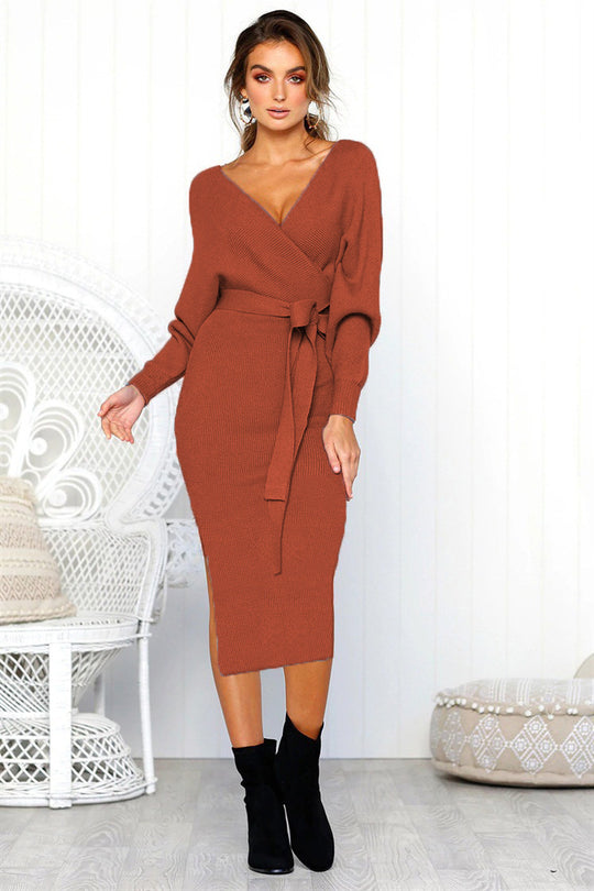 Damen Elegantes Wickelkleid mit einem Taillengürtel aus Strick Heidi-Mode