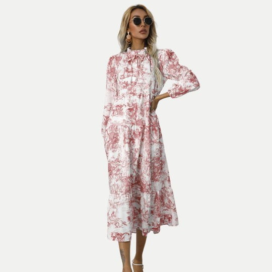 Toile-Druck Midi-Kleid mit hohem Kragen