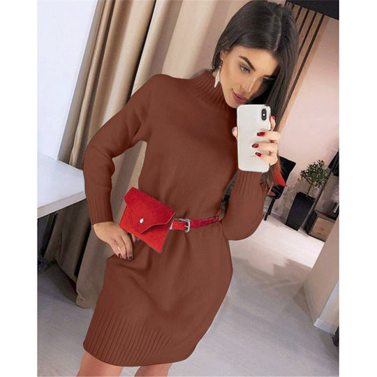 Damen Strickkleid mit hohem Kragen und Rippstruktur Heidi-Mode