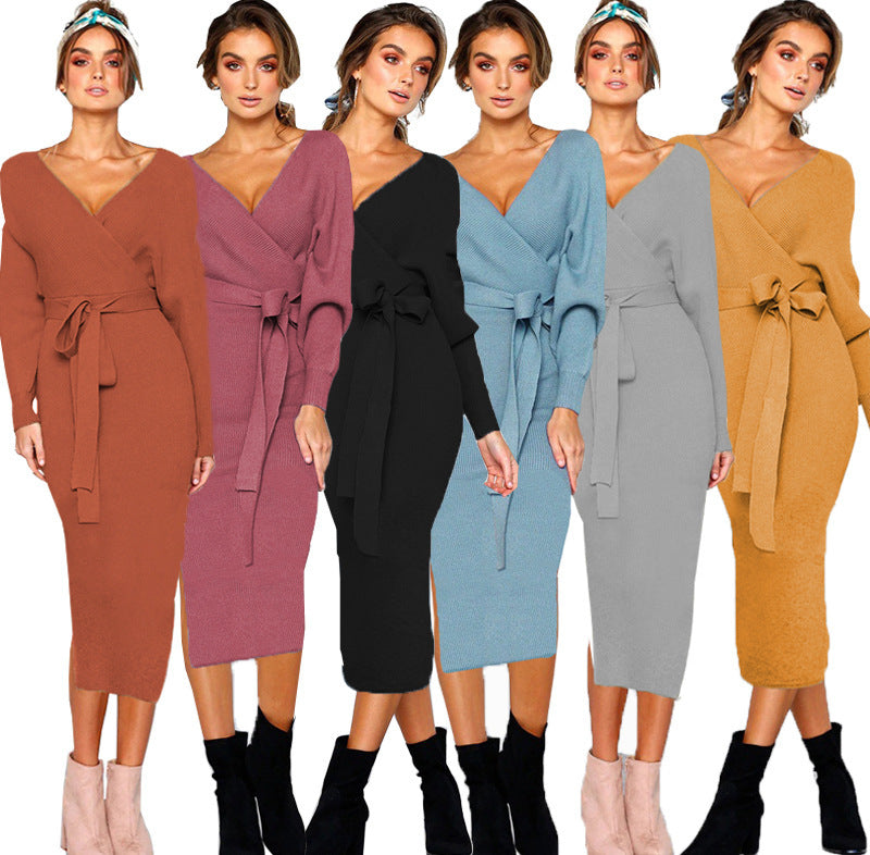 Damen Elegantes Wickelkleid mit einem Taillengürtel aus Strick Heidi-Mode