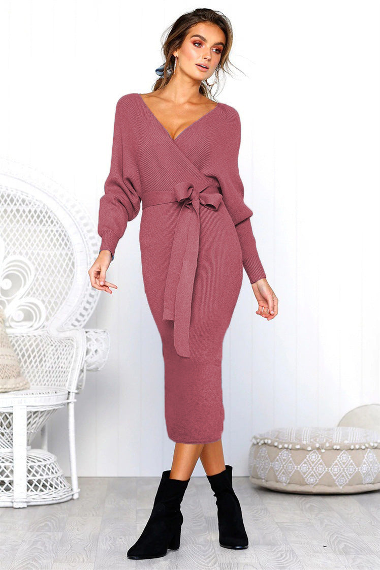 Damen Elegantes Wickelkleid mit einem Taillengürtel aus Strick Heidi-Mode