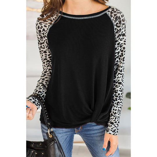 Damen Oberteil mit modischem Leopardenärmeln und lässigem Knoten-Design Heidi-Mode