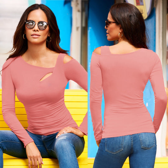 Damen lässiges Longsleeve Oberteil mit asymmetrischem Ausschnitt und seitlichem Cut-Out Heidi-Mode