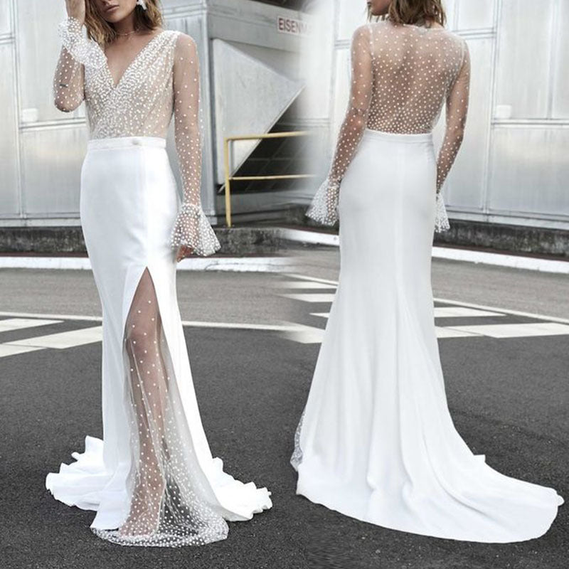 Damen Hochgeschlitztes Abendkleid mit transparentem Oberteil und Perlenapplikationen Heidi-Mode