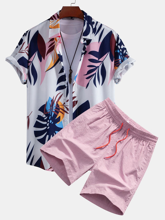 Color Block Print Button Up Shirt & Swim Short