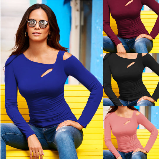 Damen lässiges Longsleeve Oberteil mit asymmetrischem Ausschnitt und seitlichem Cut-Out Heidi-Mode