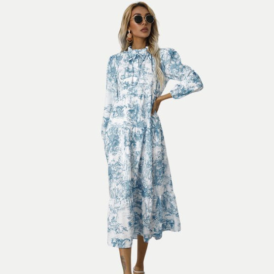 Toile-Druck Midi-Kleid mit hohem Kragen