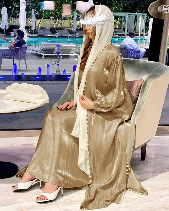 Heidi-Mode | 2 Teile Set Satin Perlen Muslimische Frauen Offene Abaya Kleid mit Innentop Ärmeloses Kleid