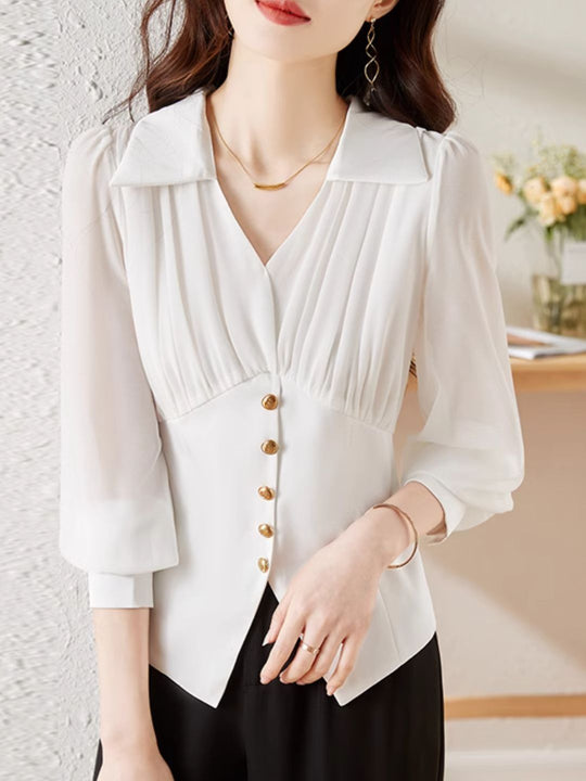 Heidi-Mode | Chiffon Falten Taille Shirt Schwarz