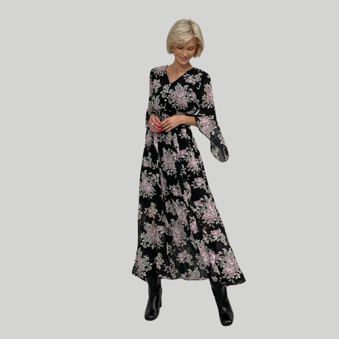 Heidi-Mode Florales Midi-Kleid mit V-Ausschnitt