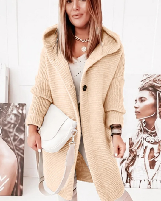 Heidi-Mode | Lange Damen-Weste, Strickjacke mit Kapuze und Knöpfen