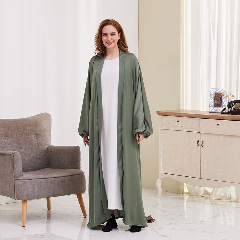 Heidi-Mode | 8 Farboptionen Satin Laternenärmel Offene Abaya Kleid Muslimische Dubai Frauen