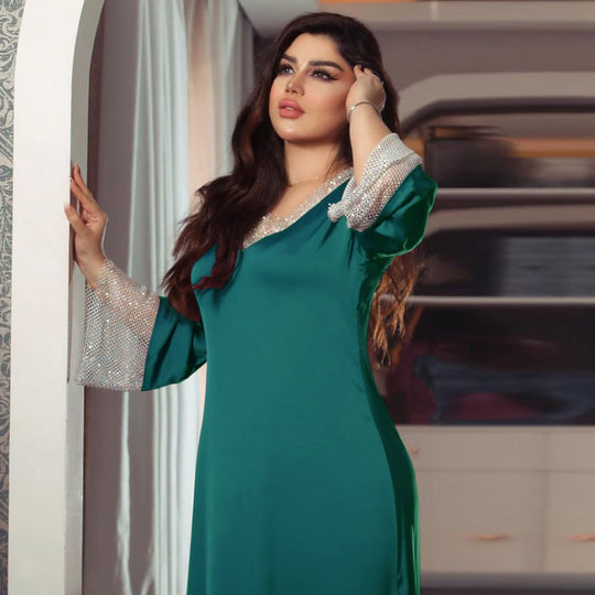 Heidi-Mode | Satin Mesh Pailletten Abaya Kleid Naher Osten Türkische Frauen Kaftan