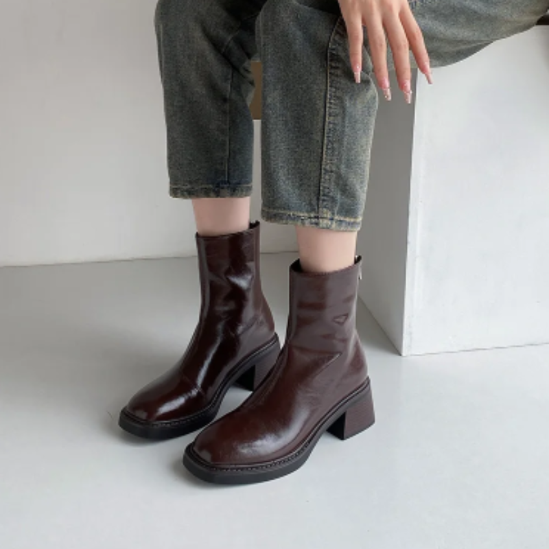 Heidi-Mode | Stilvolle Leder Ankle Boots mit Blockabsatz für Damen Damen Ankle Boots