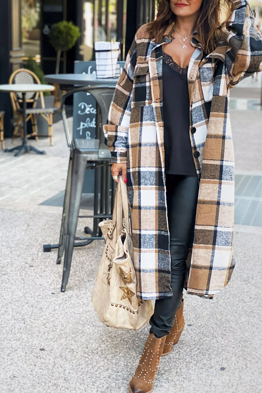Heidi-Mode | Klappkragen Karoprint Wolle Lange Jacke