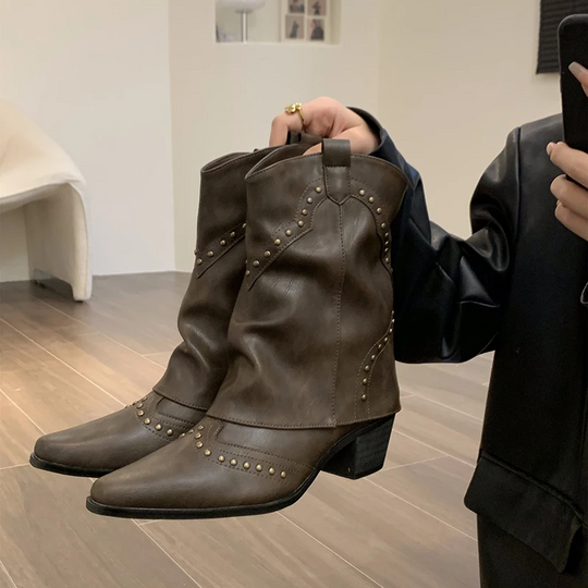 Heidi-Mode | Kurze Western Stiefel mit Nieten & Mittelhohem Absatz Damen Cowboy Stiefel